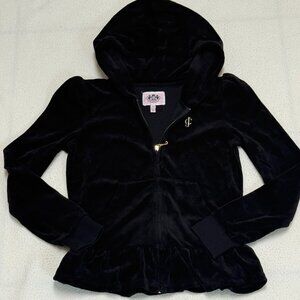 Vintage Juicy Couture Girl's Velour Full Zip Hoodie w/ Ruffles-Size L/8/10-Black